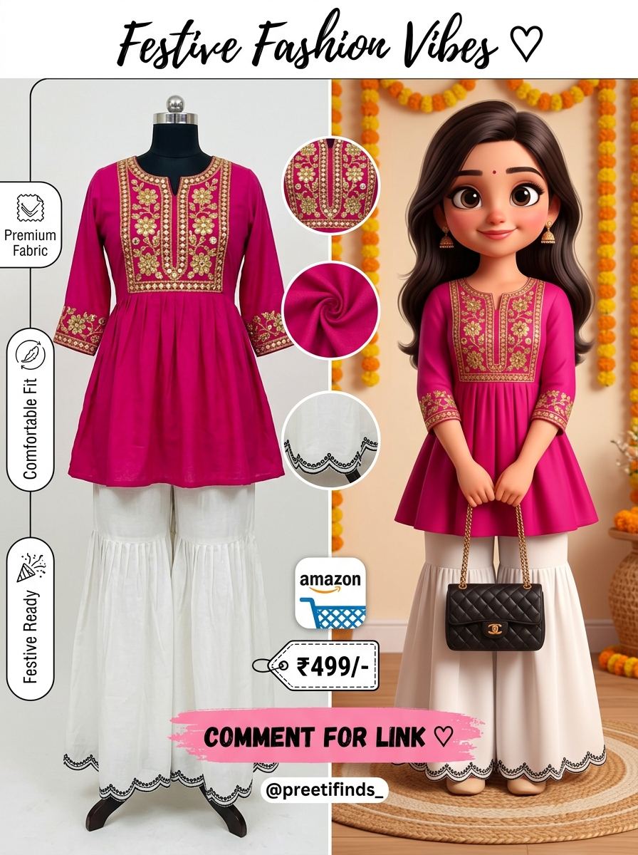 Festive Magenta Pink Embroidered Peplum & Sharara Set