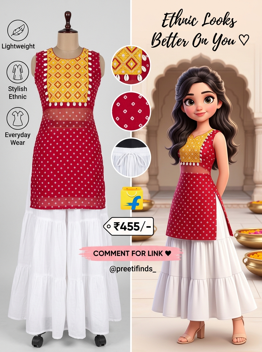 Crimson Red Bandhani Kurti with Tiered Skirt