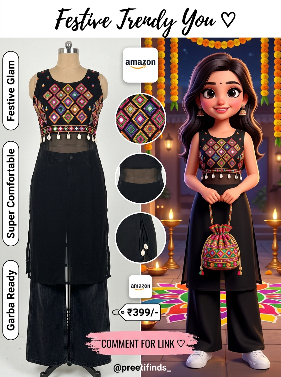 Jet Black Festive Sheer-Panel Kurti & Potli Bag