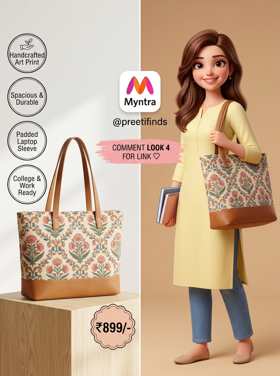 ZOUK Floral Art Canvas & Leather Shopper Tote