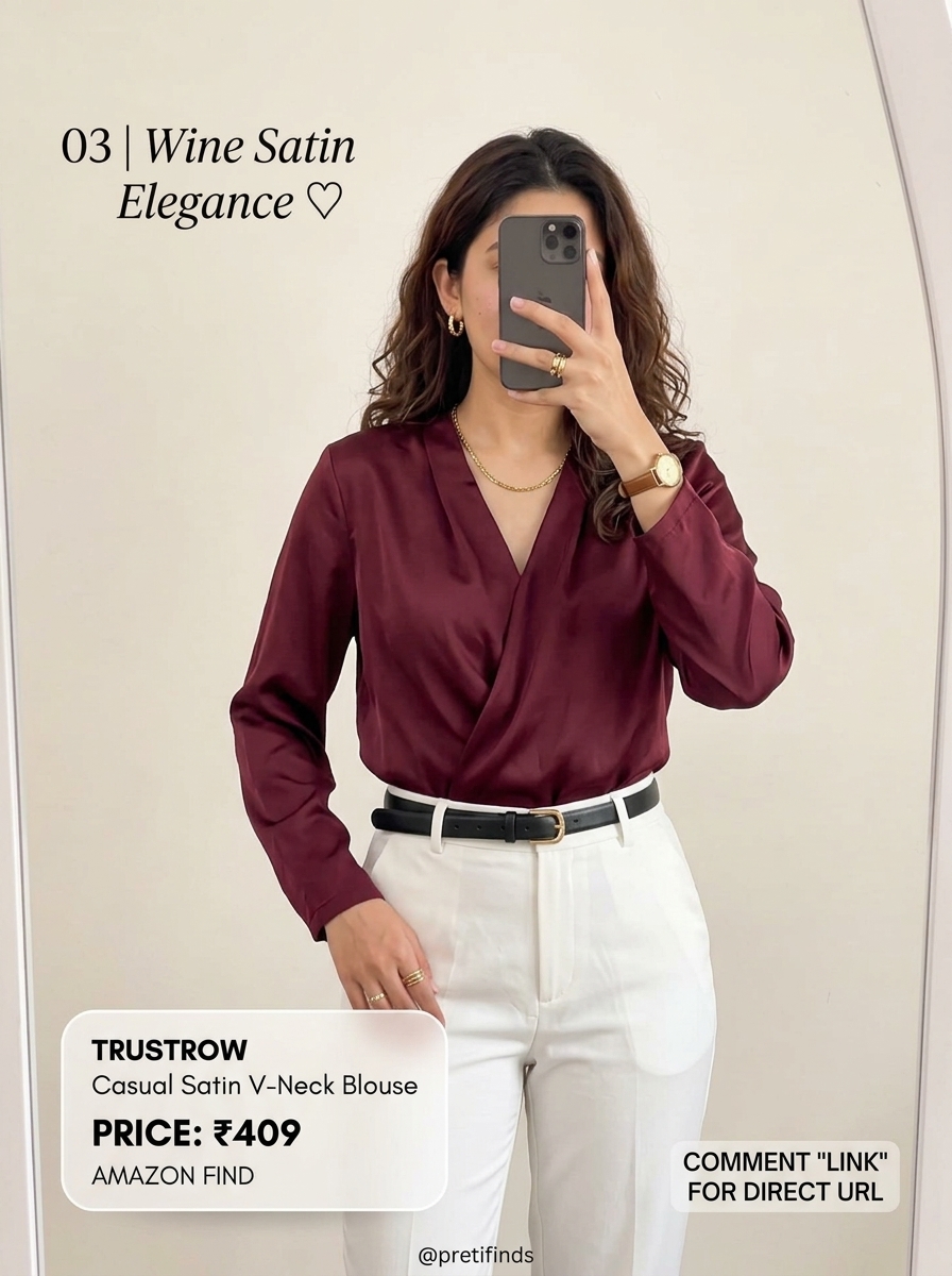 TRUSTROW Casual Satin V-Neck Regular Blouse (Wine)