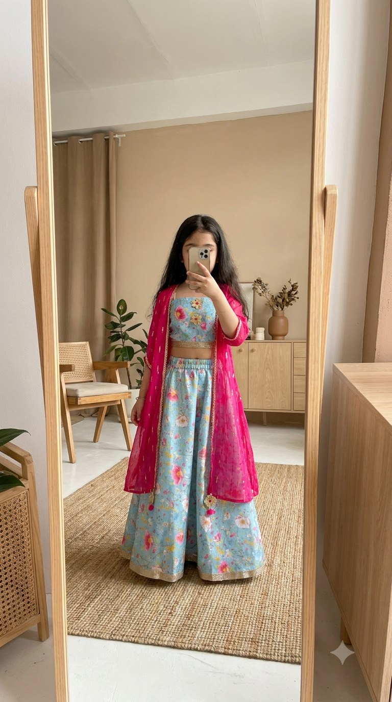 Pspeaches Girls Blue & Pink Floral Silk Lehenga Cape Set