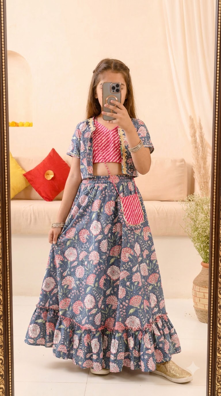 Pspeaches Girls Floral Printed Cotton Lehenga with Short Jacket