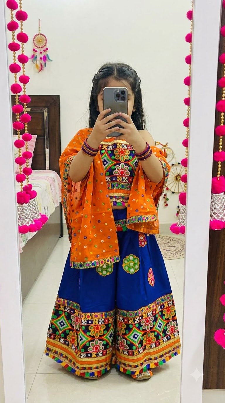 BownBee Girls Embroidered Thread Work Cotton Lehenga Blouse Set