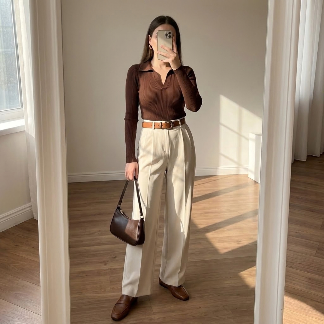 Casual Ribbed Collar V-Neck Knit Office Top (Coffee Brown)