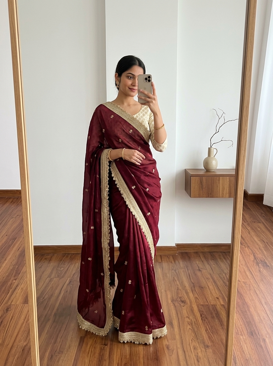 Space Satin Sequence Embroidery Saree with Contrast Blouse (Wine Maroon)