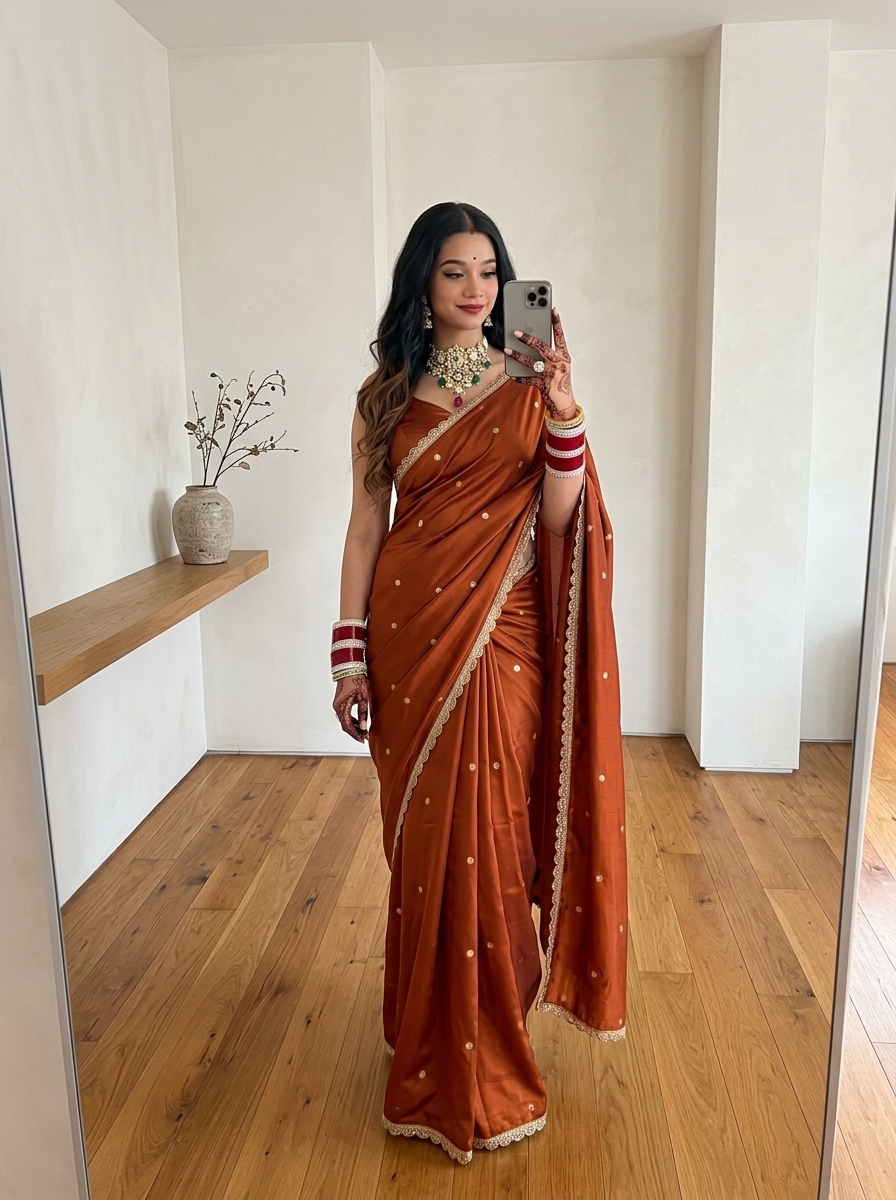 Trending Rangoli Silk Saree with Embroidered Scallop Border (Rust Copper)
