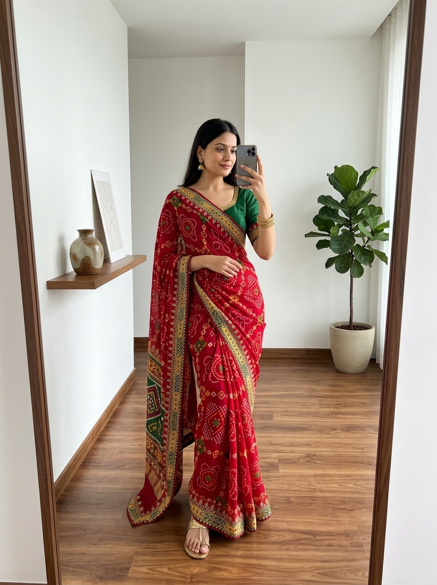 Chunari Special Red Georgette Bandhani Saree with Green Blouse