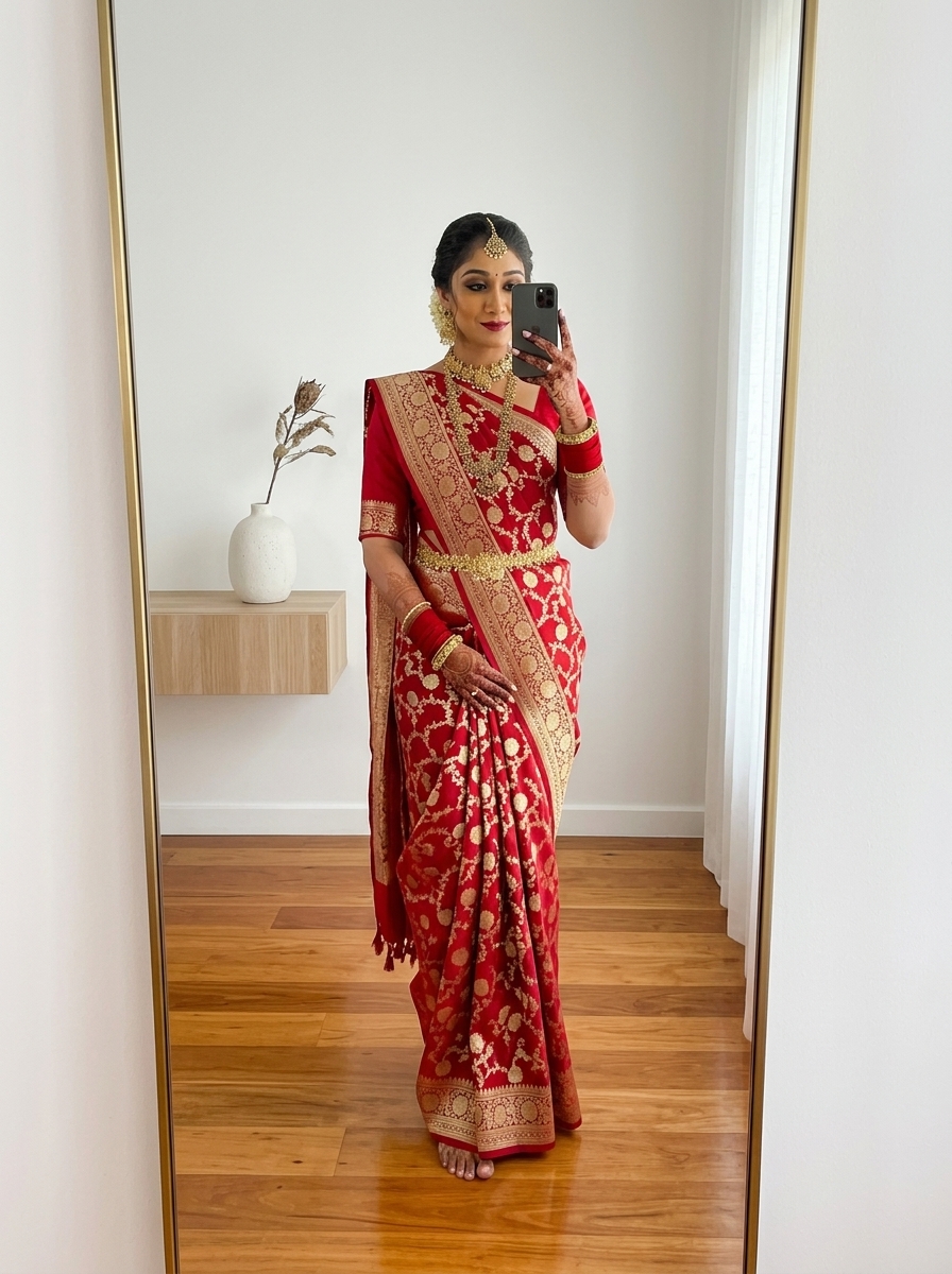 Kanjivaram Rich Silk Saree with Heavy Gold Zari Jaal & Border (Crimson Red)
