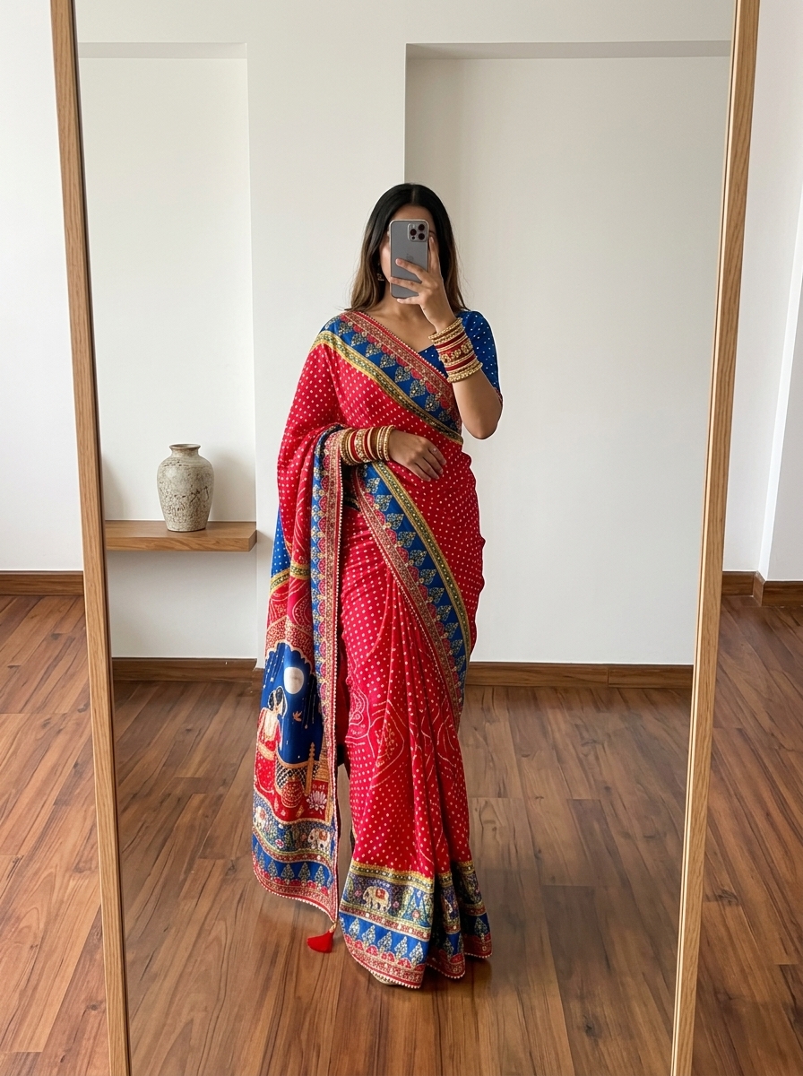 Karwa Chauth Special Heavy Satin Silk Saree with Real Hand Mirror Work & Gota Patti